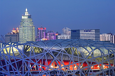 National Stadium in the Olympic Park illuminated at night, Beijing, China, Asia