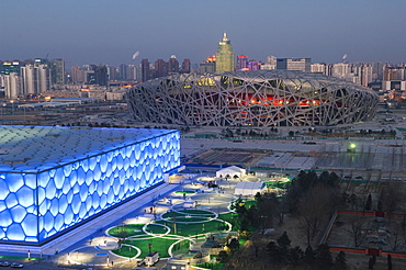 The Water Cube National Aquatics Center swimming arena and National Stadium at the Olympic Park, Beijing, China, Asia