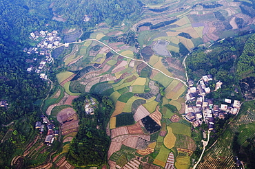 Aerial view from a hot air balloon of rice fields and villages in Yangshuo, near Guilin, Guangxi Province, China, Asia