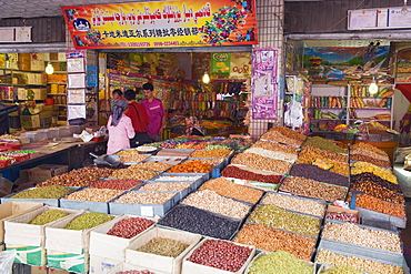 Dried fruit being sold at the Sunday market, Kashgar (Kashi) city, Xinjiang Provice, China, Asia