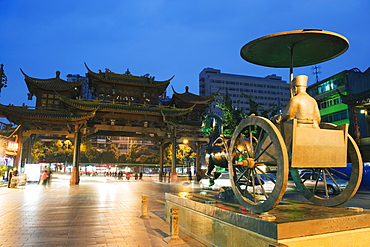 Qintai street statue and Chinese gate, Chengdu, Sichuan Province, China, Asia