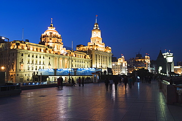 Historical colonial style buildings illuminated on The Bund, Shanghai, China, Asia