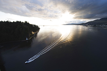 A speed boat in Burrard Inlet, Vancouver, British Columbia, Canada, North America