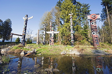 First Nation totem poles in Stanley Park, Vancouver, British Columbia, Canada, North America