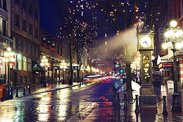 The Steam Clock at night on Water Street, Gastown, Vancouver, British Columbia, Canada, North America