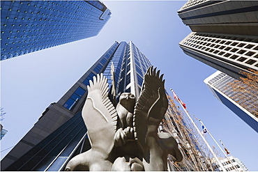 First Nation aboriginal art sculpture and downtown buildings, Vancouver, British Columbia, Canada, North America