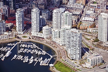 Aerial view of False Creek harbour and downtown buildings, Vancouver, British Columbia, Canada, North America