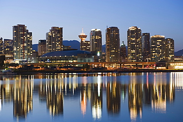 GM Place Stadium and residential city buildings, False Creek, Vancouver, British Columbia, Canada, North America