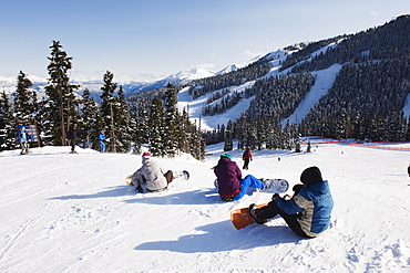 Snowboarders at Whistler mountain resort, venue of the 2010 Winter Olympic Games, British Columbia, Canada, North America