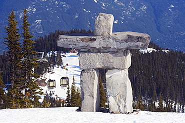 An Inuit Inukshuk stone statue, Whistler mountain resort, venue of the 2010 Winter Olympic Games, British Columbia, Canada, North America