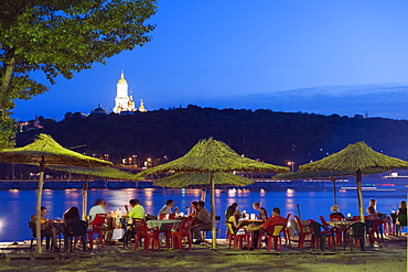 Outdoor dining below the Lavra and Dnieper River, Kiev, Ukraine, Europe