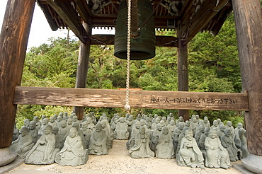 Buddha images, bell, Daishoin temple, Miyajima Island, Hiroshima prefecture, Honshu, Japan, Asia