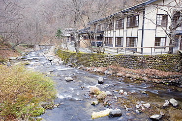 River flowing through Aoni Onsen hot spring resort, Aomori prefecture, Japan, Asia