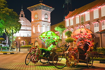 Rickshaw and Christ Church, Town Square, Melaka (Malacca), Melaka State, Malaysia, Southeast Asia, Asia