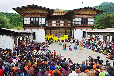 Dancers at Thangbi Mani Tsechu (festival), Jakar, Bumthang, Chokor Valley, Bhutan, Asia