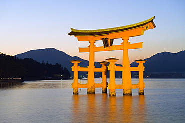 Illumination of Itsukushima Shrine Torii Gate, UNESCO World Heritage Site, Miyajima Island, Hiroshima prefecture, Japan, Asia