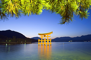 Illumination of Itsukushima Shrine Torii Gate, UNESCO World Heritage Site, Miyajima Island, Hiroshima prefecture, Japan, Asia