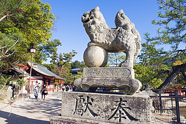 Lion statue at Itsukushima Shrine, UNESCO World Heritage Site, Miyajima Island, Hiroshima prefecture, Japan, Asia