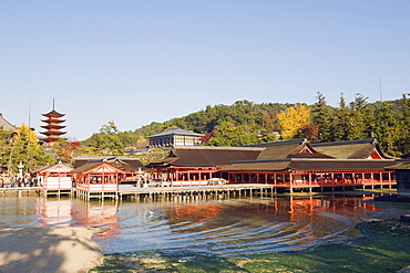 Pagoda and shrine buildings, Itsukushima Shrine, UNESCO World Heritage Site, Miyajima Island, Hiroshima prefecture, Japan, Asia