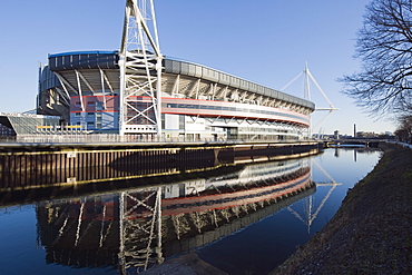 Reflection of Millennium Stadium in River Taff, Cardiff, Wales, United Kingdom, Europe