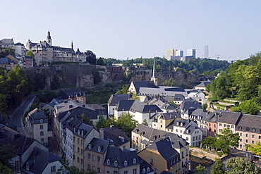 Modern architecture of the EU district on Kirchberg Plateau and Old Town fortifications, UNESCO World Heritage Site, Luxembourg City, Grand Duchy of Luxembourg, Europe