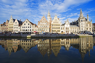 Reflection of waterfront town houses, Ghent, Flanders, Belgium, Europe