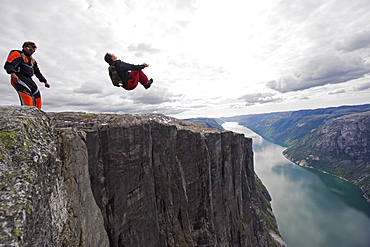 Base jumping at Lyseboten, Lysefjord, Norway, Scandinavia, Europe