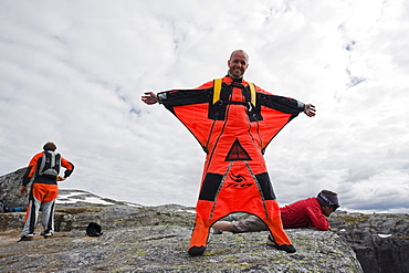 Base jumping at Lyseboten, Lysefjord, Norway, Scandinavia, Europe