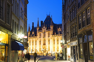 Neo-gothic post office; Market square illuminated at night, old town, UNESCO World Heritage Site, Bruges, Flanders, Belgium, Europe