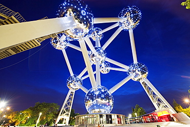 1958 World Fair, Atomium model of an iron molecule, illuminated at night, Brussels, Belgium, Europe