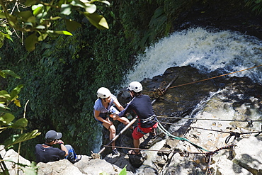 Rappelling on Juan Curi waterfall, adventure sports capital of Colombia, San Gil, Colombia, South America