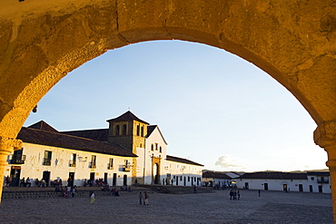 Parish Church in Plaza Mayor, largest public square in Colombia, colonial town of Villa de Leyva, Colombia, South America