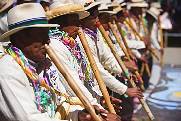 Musicians playing the flute at Anata Andina harvest festival, Carnival, Oruro, Bolivia, South America