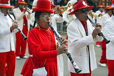 Musicians playing clarinet at Anata Andina harvest festival, Carnival, Oruro, Bolivia, South America