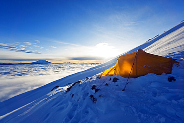 Tent on Volcan Cotopaxi, 5897m, highest active volcano in the world, Ecuador, South America