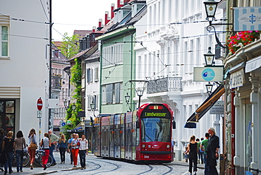 Tram in old town Freiburg, Baden-Wurttemberg, Germany, Europe