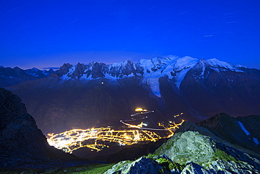 Mont Blanc and Chamonix town, Chamonix Valley, Haute-Savoie, French Alps, France, Europe 