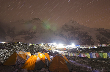 Tents at Everest Base Camp at night, Solu Khumbu Everest Region, Sagarmatha National Park, UNESCO World Heritage Site, Nepal, Himalayas, Asia 