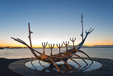 Iceland, Reykjavik, Solfar (Sun Voyager), iconic stainless-steel modern sculpture representing a Viking longboat by Jon Gunnar Arnason