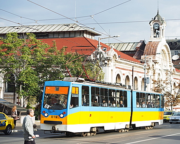 Central Hali shopping centre and city tram, Sofia, Bulgaria, Europe