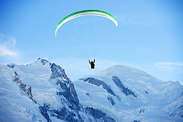 Paragliding below summit of Mont Blanc, Chamonix, Haute-Savoie, French Alps, France, Europe