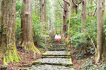 Pilgrims on Daimon-zaka Nachi Tokaido pilgrimage route, UNESCO World Heritage Site, Wakayama Prefecture, Honshu, Japan, Asia