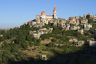 St. Saba Church and red tile roofed town, Bcharre, Qadisha Valley, UNESCO World Heritage Site, North Lebanon, Middle East