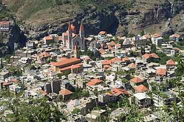 St. Saba Church and red tile roofed town, Bcharre, Qadisha Valley, UNESCO World Heritage Site, North Lebanon, Middle East