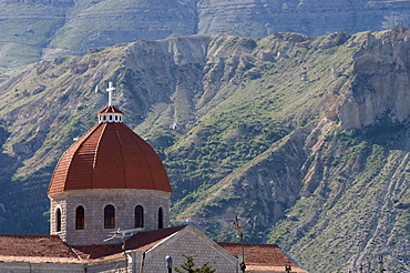 St. Saba Church, red tile roofed town, Bcharre, Qadisha Valley, North Lebanon, Middle East