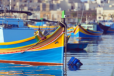 Colourful fishing boats (dghajsa), Marsaxlokk Harbour, Malta, Mediterranean, Europe