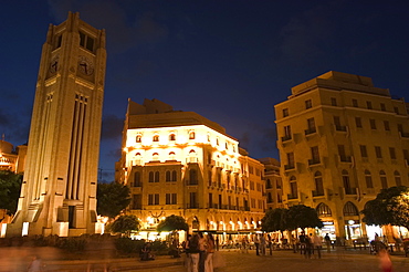 Clock tower in Place d'Etoile (Nejmeh Square) at night, downtown, Beirut, Lebanon, Middle East