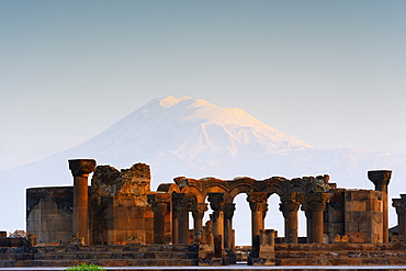 Zvartnots archaeological ruin, UNESCO World Heritage Site, Mount Ararat in Turkey behind, Armenia, Caucasus, Central Asia, Asia