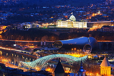 City view including Presidential Palace, Bridge of Peace on Mtkvari River. Tbilisi, Georgia, Caucasus, Central Asia, Asia