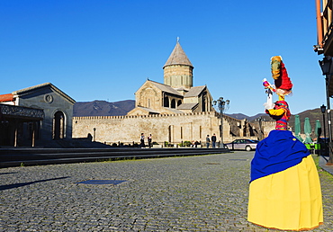 Local artisan doll display, Svetitskhoveli Cathedral, 11th century, by Patriach Melkisedek, Mtskheta, historical capital, UNESCO World Heritage Site, Georgia, Caucasus, Central Asia, Asia